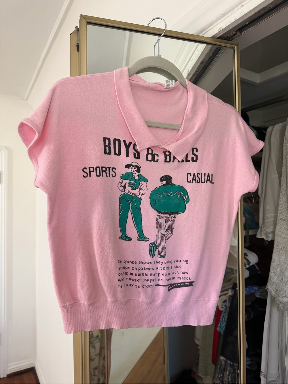 Japanese Vintage Pink Short Sleeve collared Tee with Green Graphic
